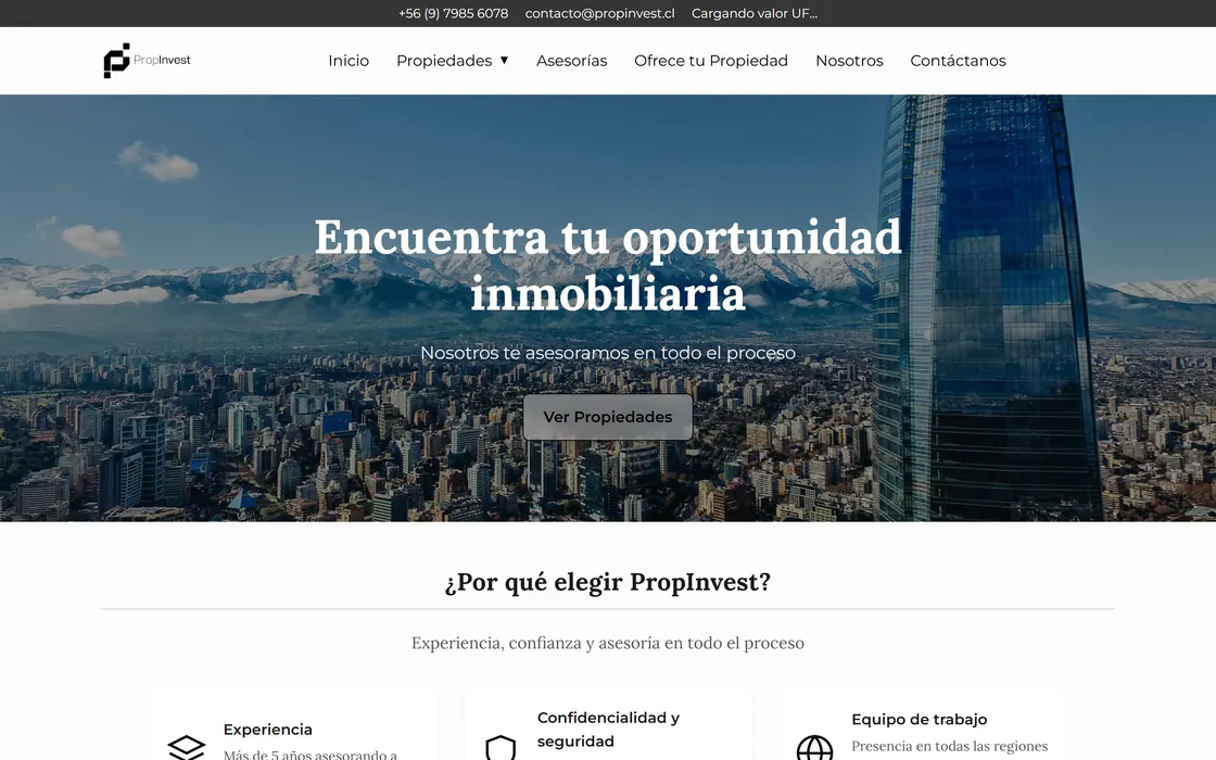 Portada del sitio de Propinvest en computador